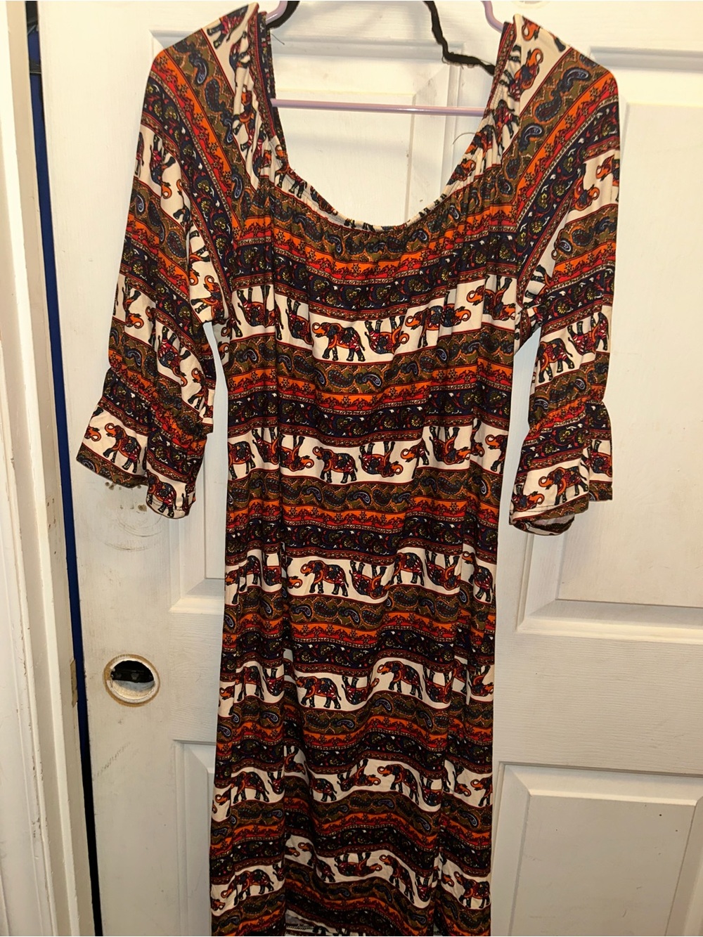 Boho Elephant Print Maxi Dress - Cream & Orange